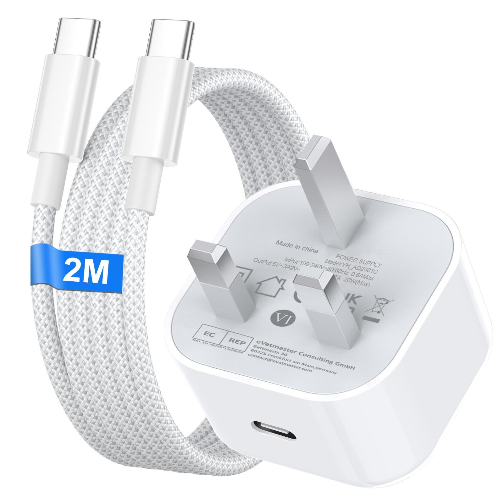 iPhone 15 16 17 Fast Charger, 20W USB C Charger Plug with 2M Nylon USB C to Type C Cable for iPhone 17/16/16 Plus/16e/16 Pro Max/15/15 Plus/iPad, Type C Plug UK Power Adapter and Nylon Braided Cable